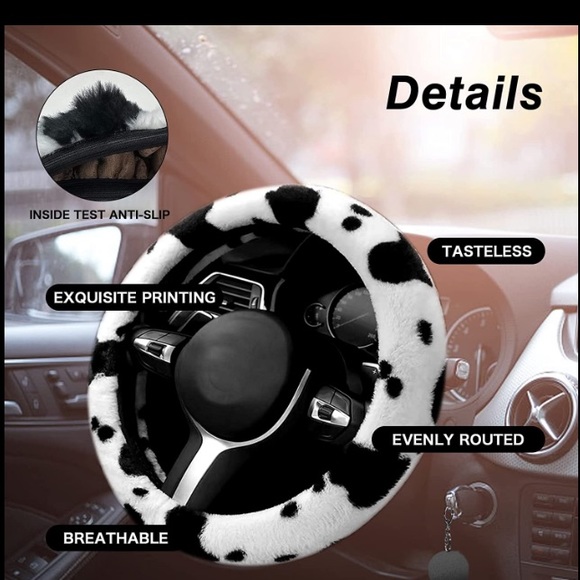 Cow Print Fluffy Universal Steering Wheel Cover - Picture 3 of 3